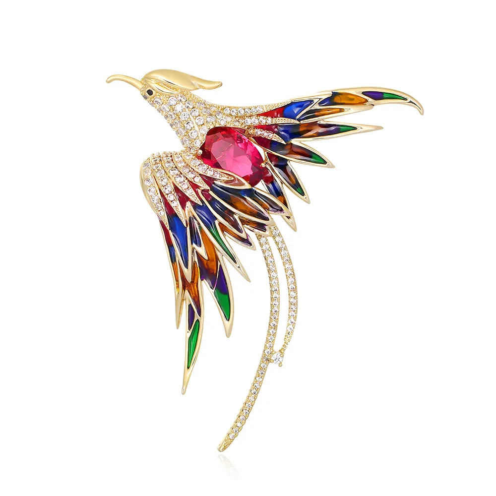 Luxury Chinese Style Enamel Phoenix Brooch For Women Alloy Rhinestone Colorful Animal Breastpin For Wedding Banquet Coat Accessory