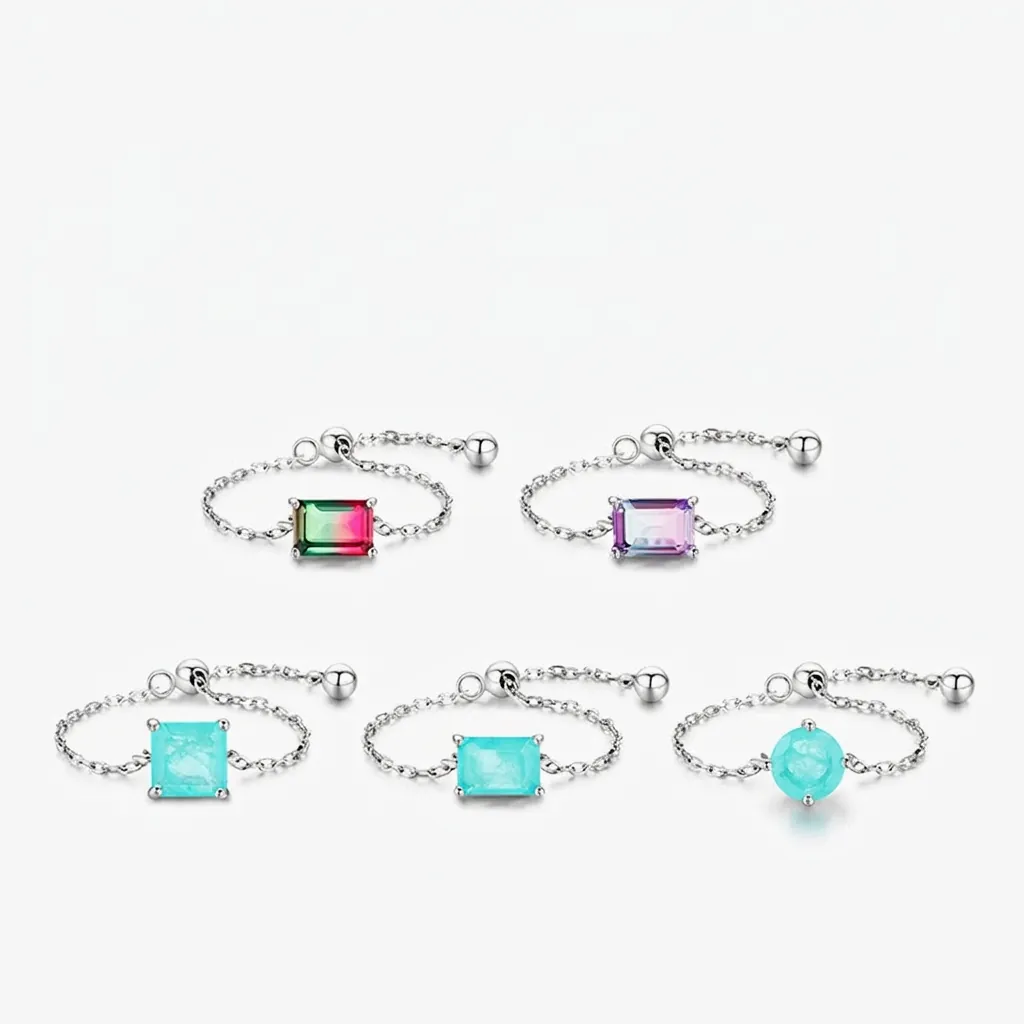 Anillo de Cadena Ajustable de Plata de Ley 925 para Mujer Estilo Paraiba con Diamantes de Imitación Incrustados Joyería de Moda