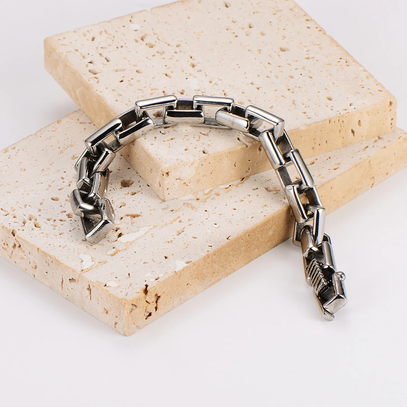 Stainless Steel Chain Bracelet Men Industrial Punk Rectangular Link Bamboo Style Polished Metal Jewelry