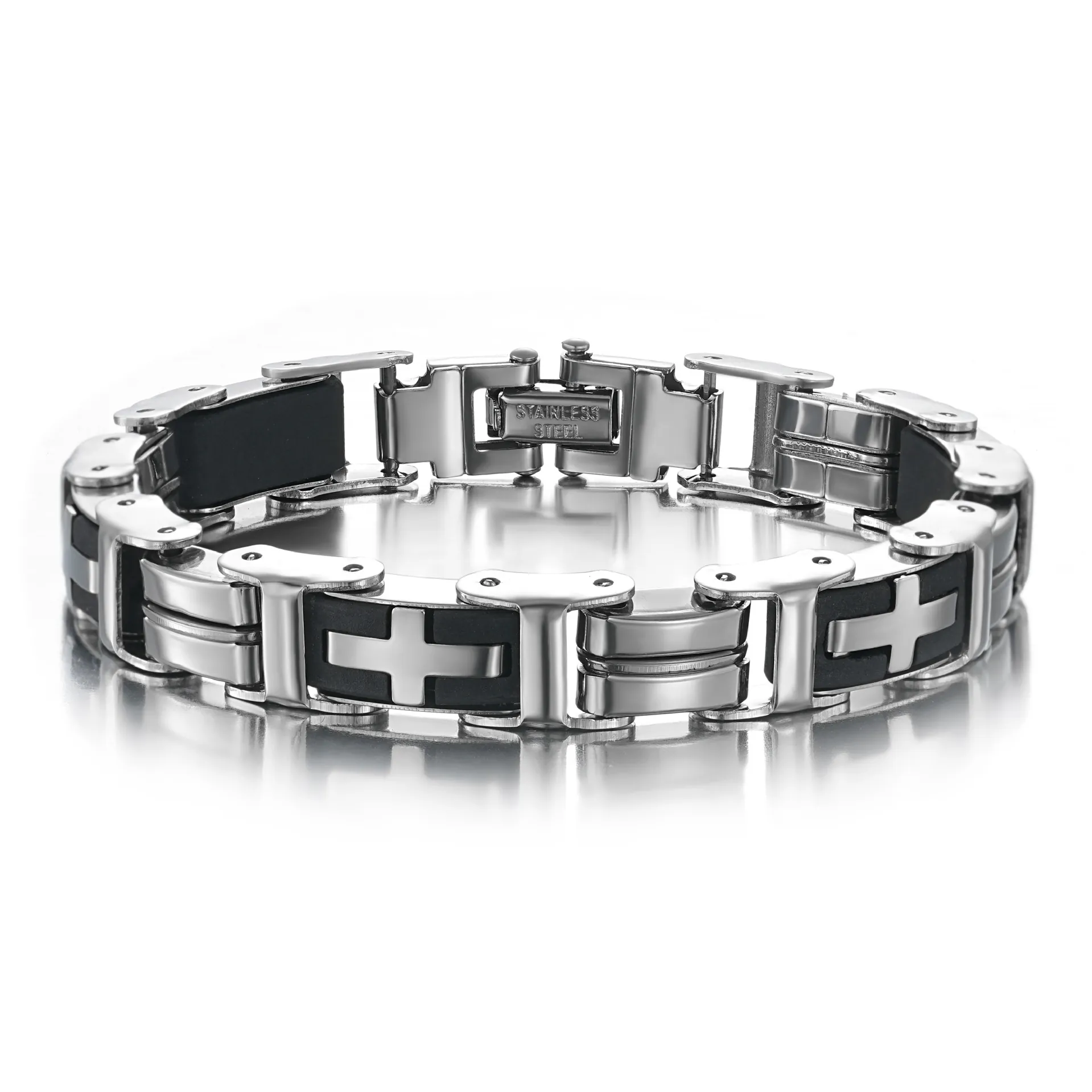 Men Bracelet Stainless Steel And Silicone Cross Link Punk Hip Hop Wristband Jewelry For Boys