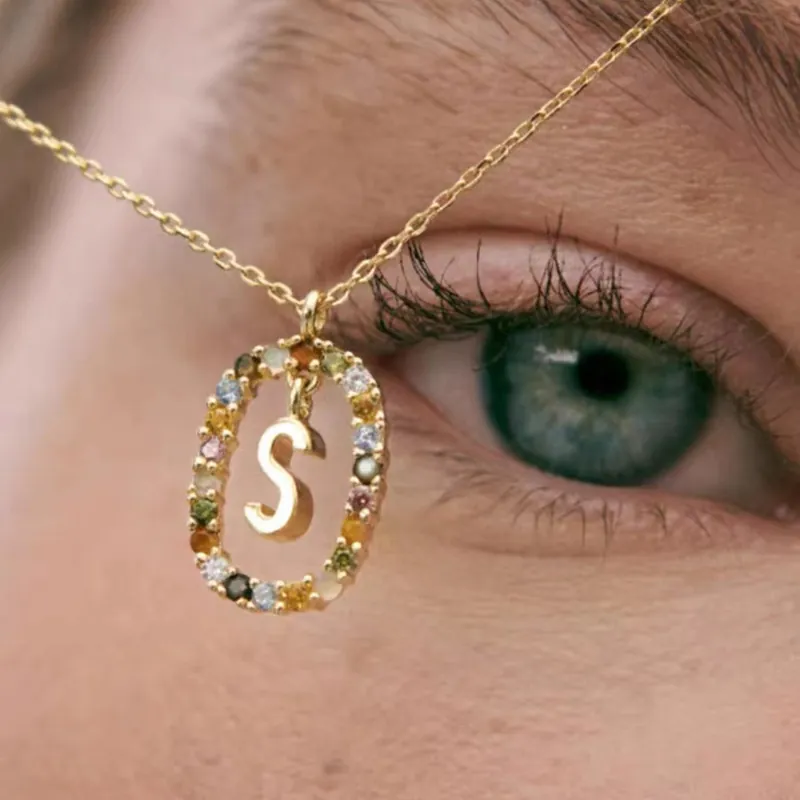 Copper Colorful Rhinestone English Letter Pendant Necklace For Women Gold Plated Initial Oval Frame Clavicle Chain Jewelry Gift