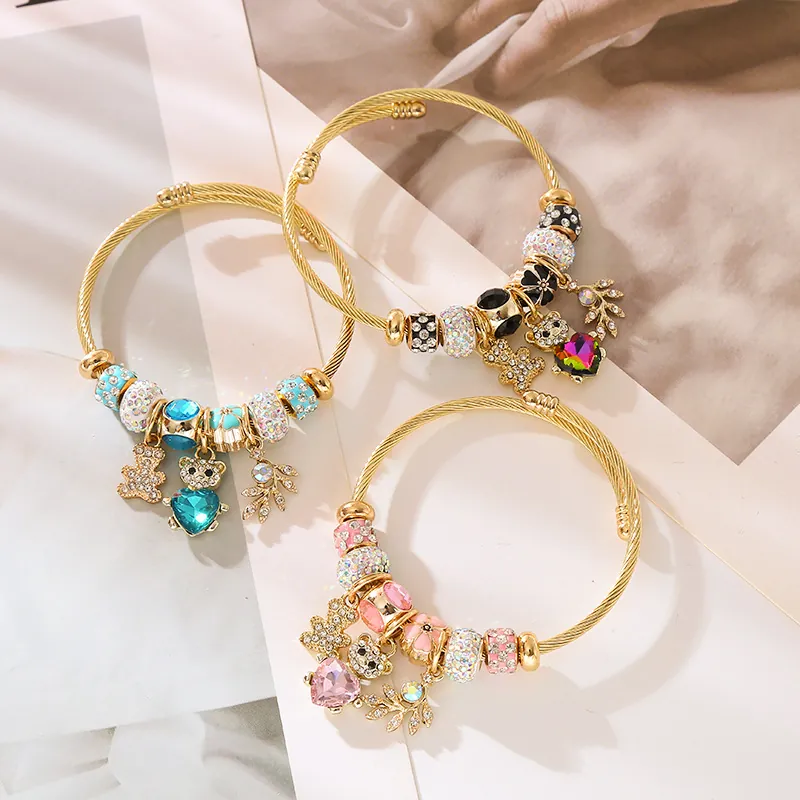 Bracelet À Breloques Ajustable En Alliage Acier Inoxydable Strass Ours Coeur Pendentif Bijoux Mode Pour Femmes