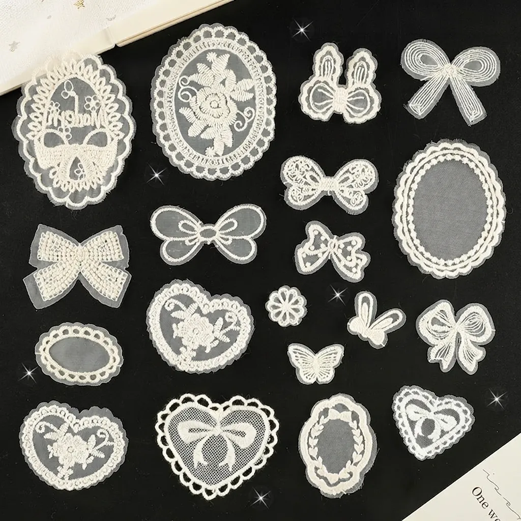White Lace Embroidery Patches Iron On Appliques Heart Bow Flower Shapes DIY Clothing Decoration Accessories For Handbooks Bags Hats