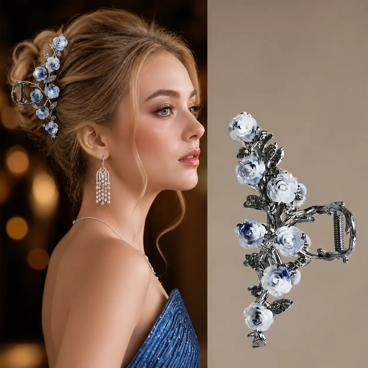Large Hair Claw Clip Elegant Camellia Flower Alloy Metal Shark Clip Vintage Rhinestone Hairpin Headwear For Women