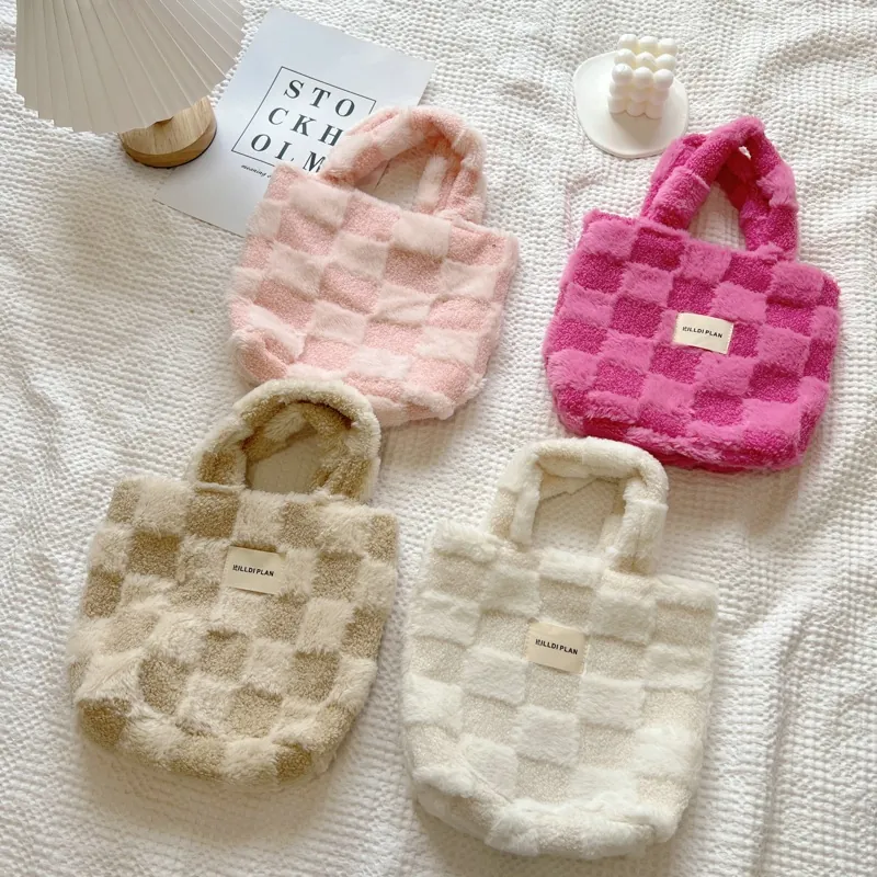 Checkerboard Plush Tote Handbag Faux Fur Small Square Bucket Bag Korean Ins Style Casual Commute For Women