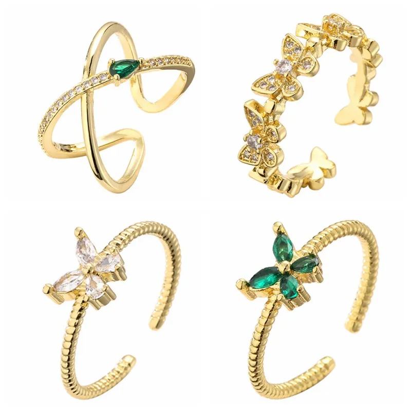 Bagues Papillon Réglables Cuivre Plaqué Or Zircone Cubique Micro Pavé Croix Évidée Bijoux De Doigt Ouverts Pour Femmes