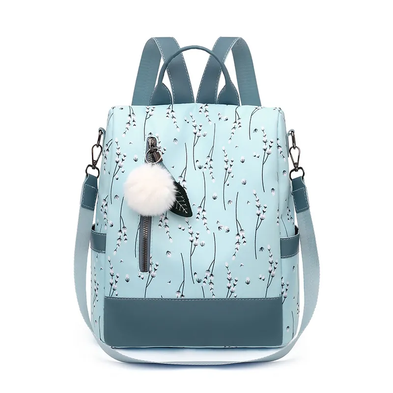 Fashion Women Backpack Oxford Cloth Floral Print Anti-Theft Waterproof Casual Travel Shoulder Bag With Fur Ball Charm