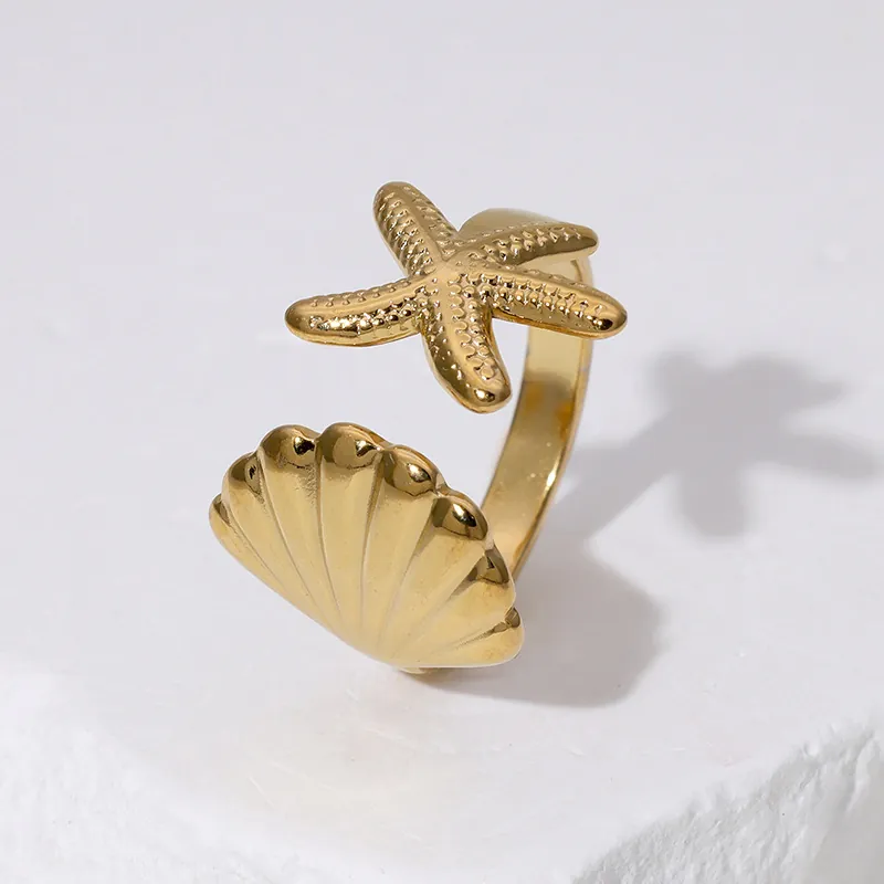 Edelstahl Offener Ring Verstellbar Seestern Muschel Ozean Element Sommer Strand Urlaub Schmuck Für Damen