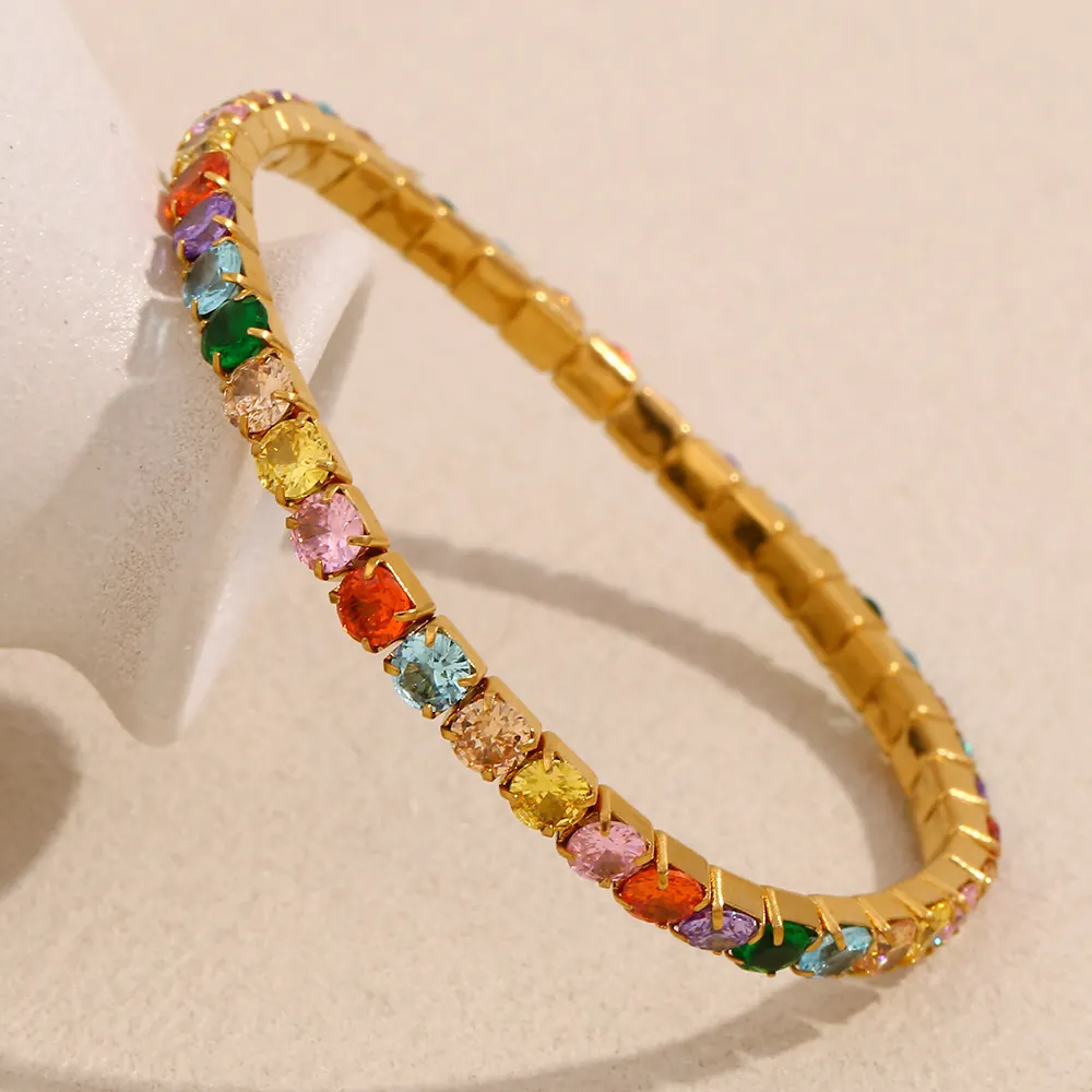 Stainless Steel Rainbow Cubic Zirconia Elastic Bracelet Gold Plated Colorful Geometric Wristband Jewelry For Women Fashion