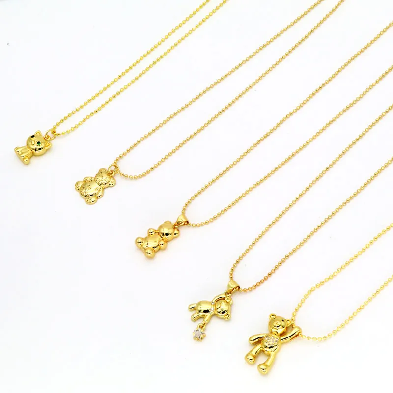 Cute Bear Cat Animal Pendant Necklace Copper Gold Plated With Zircon Shiny Hip Hop Style Jewelry For Women