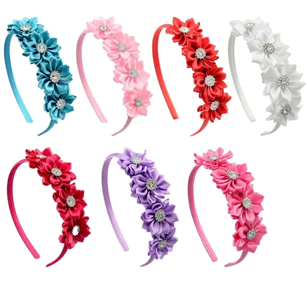 Kids Flower Headband Satin Fabric Rhinestone Floral Hair Accessories For Toddler Girls Party Wedding