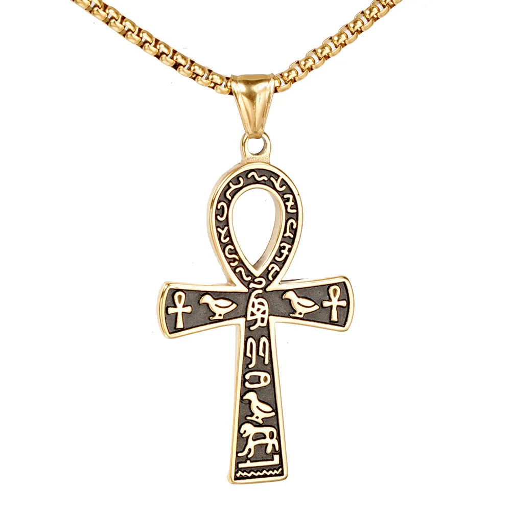 Ancient Egyptian Ankh Cross Pendant Necklace Stainless Steel Hieroglyphic Engraving Hip Hop Fashion Jewelry For Men