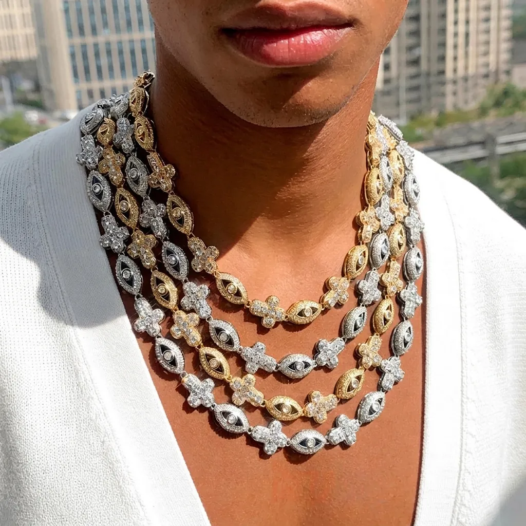 Collier Hip Hop Pour Homme En Cuivre Avec Strass Croix Et Oeil Maillon Chaîne Bijoux De Mode