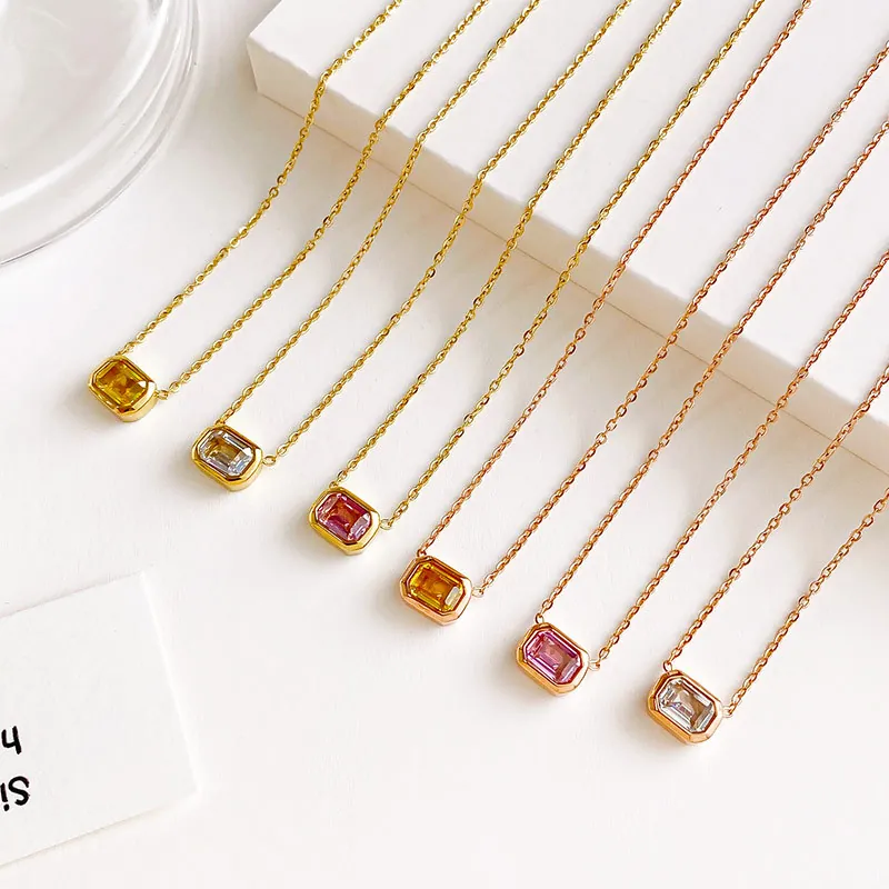 Collar De Acero De Titanio Chapado En Oro De 14K Piedra Preciosa Rectángulo Corte Esmeralda Engaste Bisel Joyas Mujer