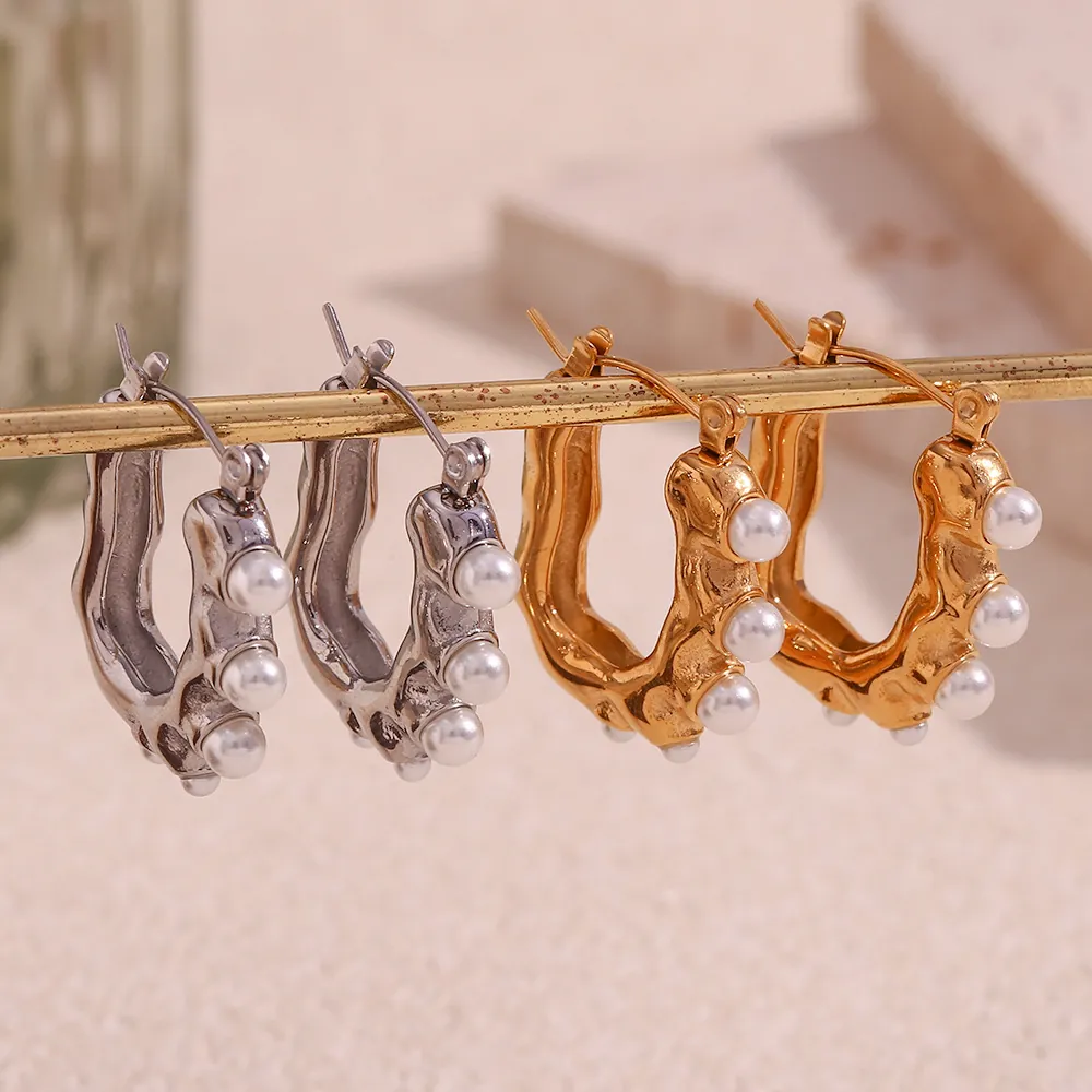 U-Shaped Hoop Earrings 316L Stainless Steel 18K Gold Plated Irregular Lava Texture Imitation Artificial Pearl French Vintage Style
