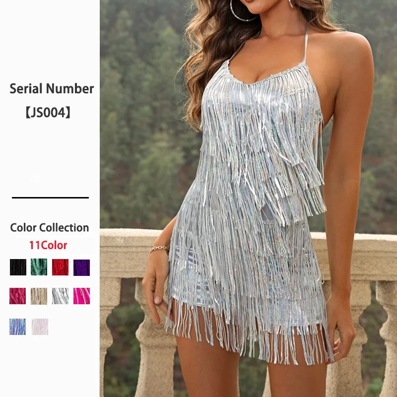 Women Romper Halter Backless Sequin Fringe Sleeveless Sparkly Layered Tassel Clubwear Party Nightclub Bodysuit