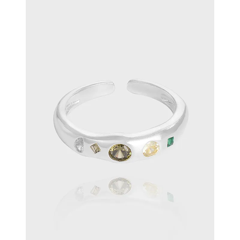 925 Sterling Silver Geometric Open Ring For Women Korean INS Style Colorful Zirconia Inlaid Adjustable Finger Ring Jewelry