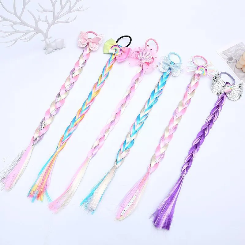 Élastique Cheveux Avec Tresse Perruque Colorée Pour Enfants Nœud Licorne Ailes Dégradé Fibre Synthétique Filles
