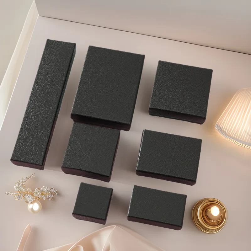 Black Pearl Texture Faux Leather Jewelry Box For Ring Pendant Necklace Packaging Paperboard Gift Case With Sponge Liner