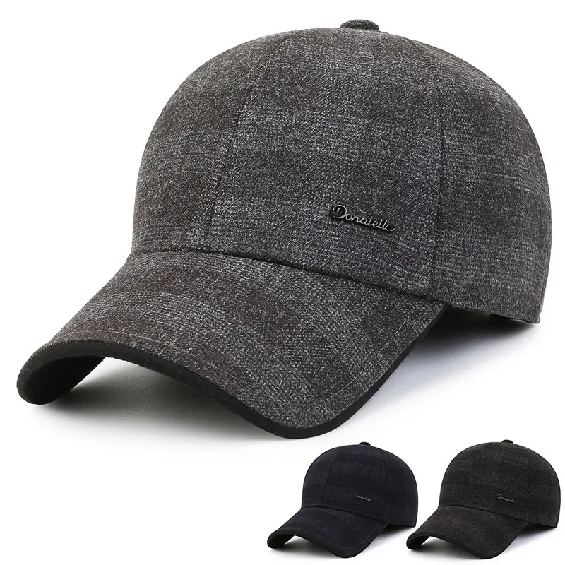Men Winter Warm Baseball Cap With Ear Flaps Woolen Tweed Plaid Outdoor Heather Peaked Hat Adjustable