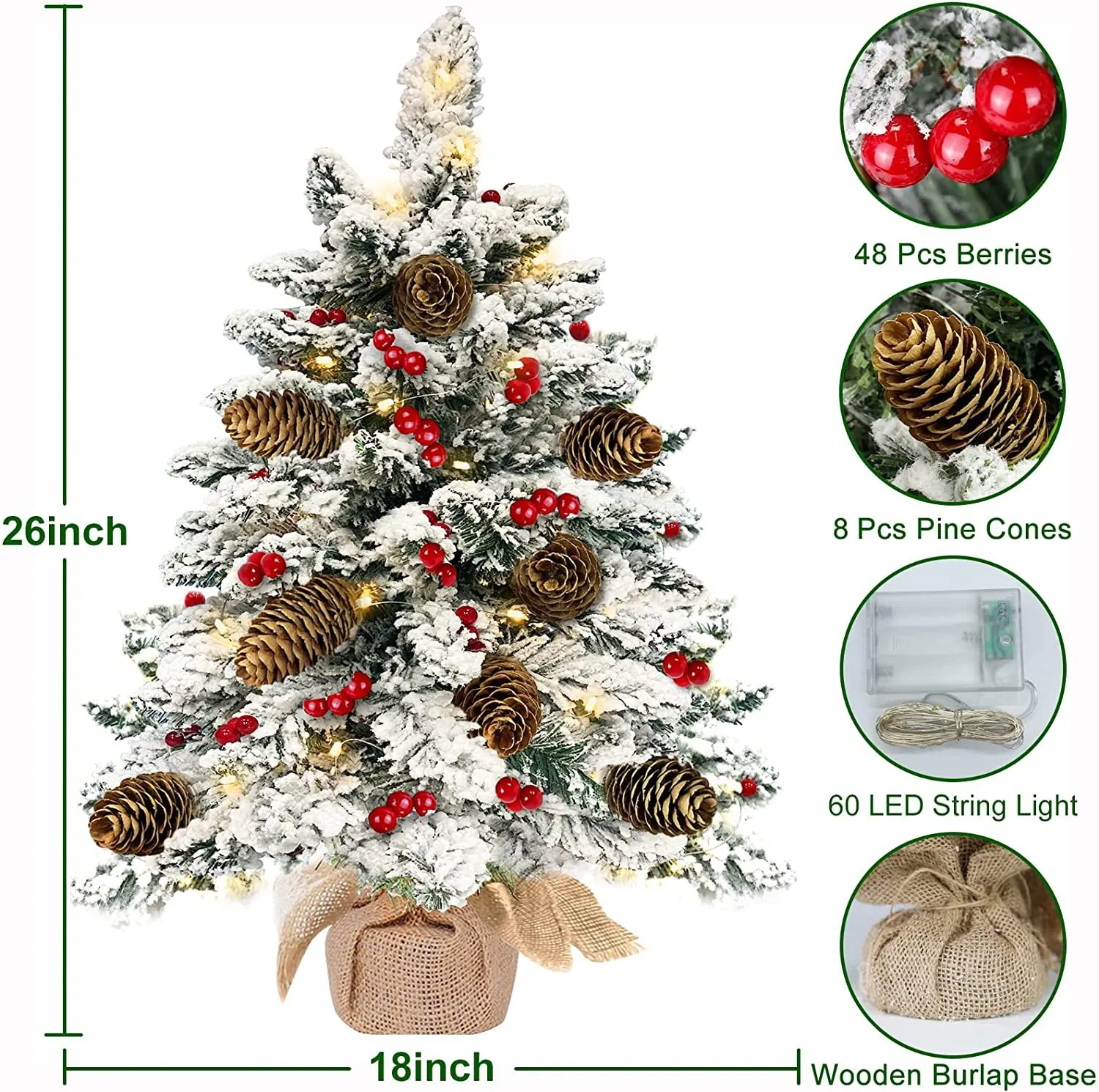 Mini Flocked Christmas Tree With LED String Lights Pine Cones And Berries Burlap Base Desktop Holiday Decor