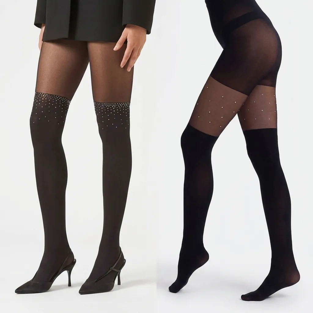 Rhinestone Studded Mock Thigh High Tights Women Sheer Patchwork Velvet Pantyhose Sexy Plus Size Hosiery
