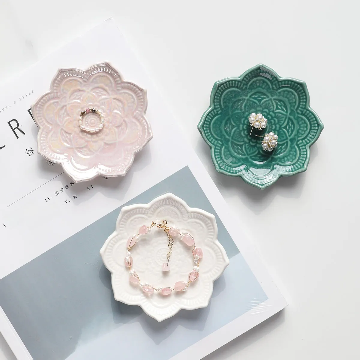 Mandala Ceramic Jewelry Tray Irregular Lotus Relief Trinket Dish Ring Storage Plate Home Office Dresser Decor Nordic Style