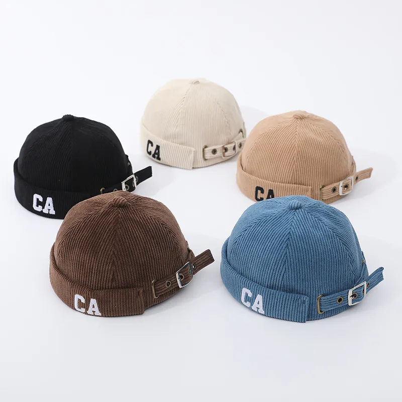 Kids Corduroy Docker Cap Solid Color Embroidered Letters Docker Hat For Boys Girls Adjustable Beanie Cap Brimless Melon Hat