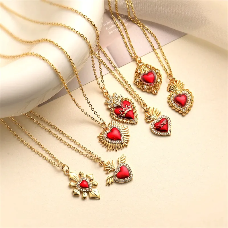 Collana Vintage Sacro Cuore Rame Placcato Oro Smalto Rosso Ala Zircone Ciondolo Gioielli Eleganti Donna Moda Estetica