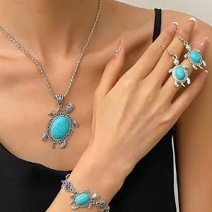 Bohemian Sea Turtle Artificial Turquoise Jewelry Set Vintage Antique Silver Necklace Bracelet Earrings For Women