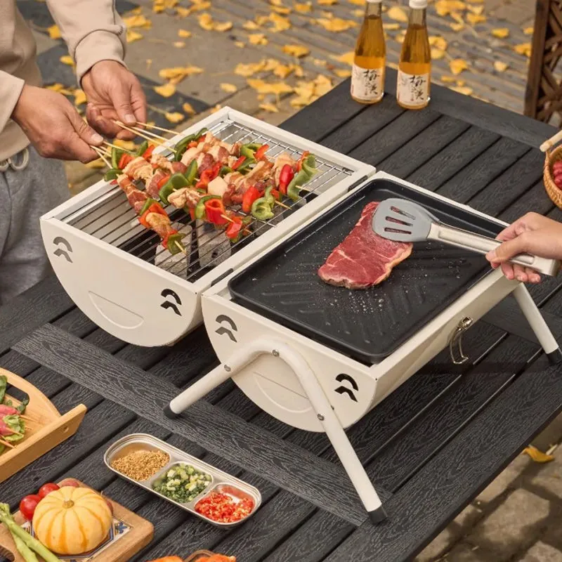 Portable Outdoor BBQ Grill Foldable Charcoal Smoker For Camping Picnic Cold Rolled Iron Non-Stick Pan With Wood Handle