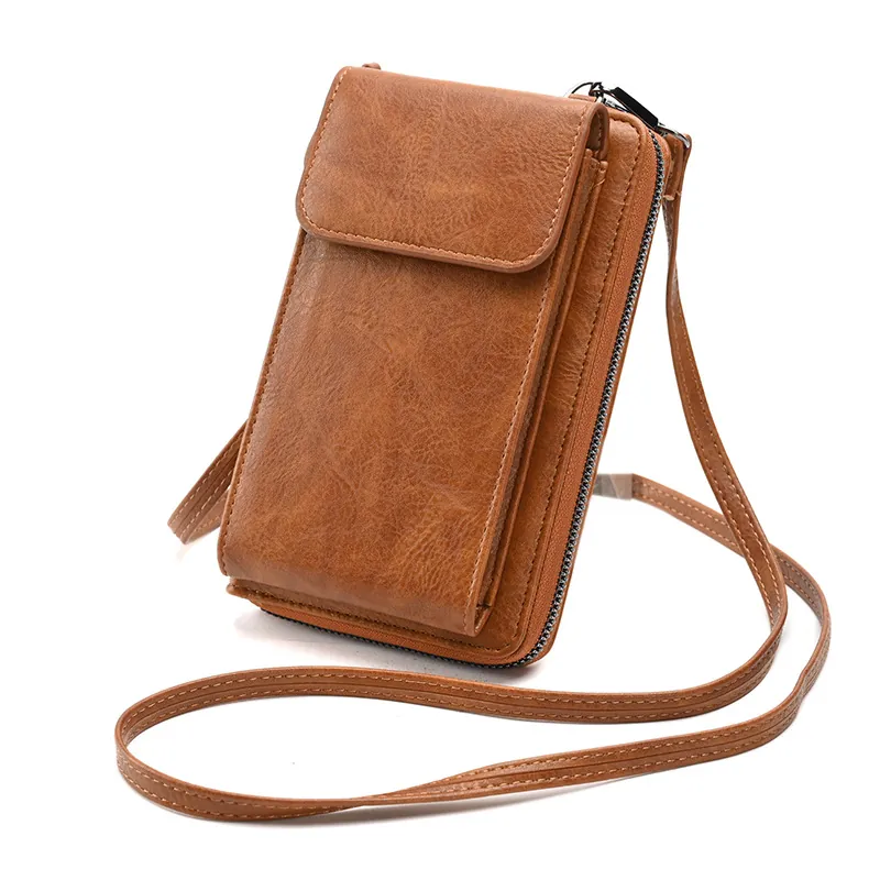 Women Mobile Phone Crossbody Bag PU Leather Retro Flap Zipper Wallet With Card Slots Adjustable Strap Casual