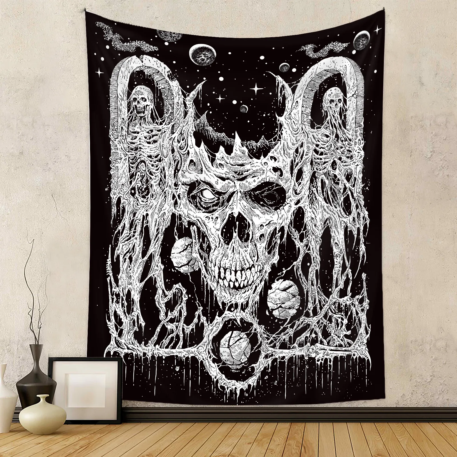 Gothic Skull Tapestry Wall Hanging Black And White Skeleton Starry Sky Polyester Fabric Home Decor Aesthetic