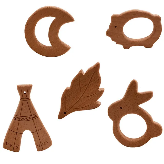 Natural Beech Wood Baby Teething Toy Organic Animal Shape Infant Soothing Rattle Montessori Nursing Accessory