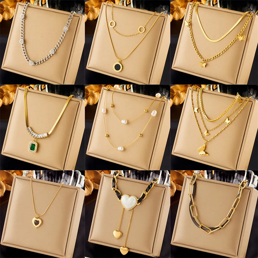 Stainless Steel Multi Layer Necklace Women Butterfly Heart Pendant Zircon Artificial Baroque Pearl Vintage Luxury Jewelry Gift