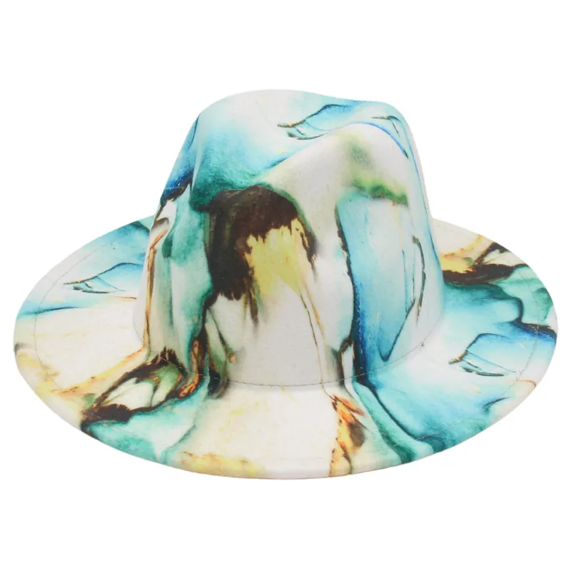 Cappello Fedora Stampa Marmo Astratto Feltro Di Lana Tesa Larga Berretto Jazz Motivo Sfumato Colorato Per Donne Uomini