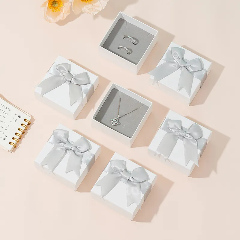 Square Jewelry Packaging Gift Box White Cardboard With Ribbon Bow Sponge Lining For Ring Necklace Earring