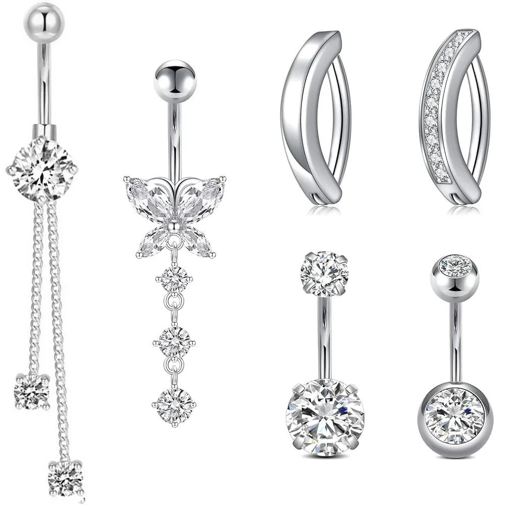 Stainless Steel Copper Rhinestone Butterfly Navel Ring Set Gold Silver Tassel Piercing Jewelry Women Belly Button Rings