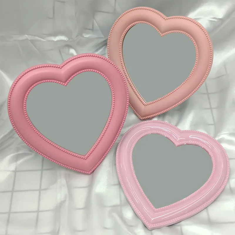 Heart Shaped Vanity Mirror Plastic Beaded Edge Desktop Wall Mounted Aesthetic Cosmetic Mirror For Tabletop Decoration