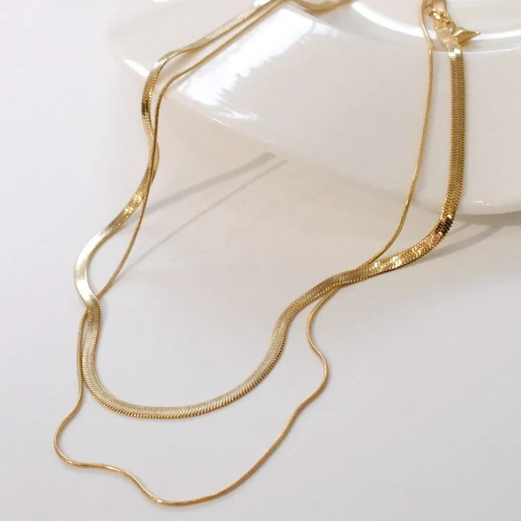 Double Layered Necklace 18K Gold Plated 316L Stainless Steel Flat Herringbone Snake Chain Heart Minimalist Women