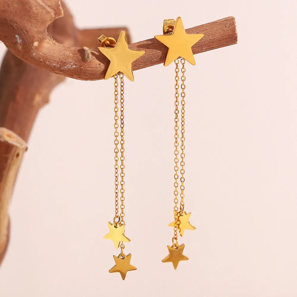 Star Tassel Stud Earrings 18K Gold Plated Stainless Steel With 925 Sterling Silver Earring Post Pentagram Jewelry Women