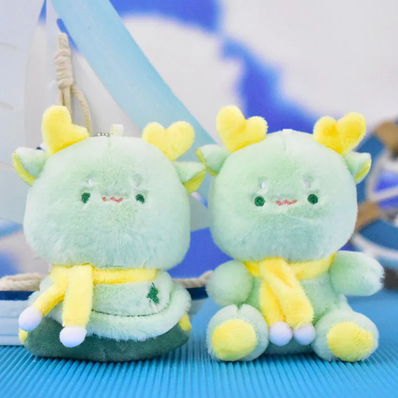Cute Dinosaur Plush Keychain Green Dragon Soft Stuffed Animal Bag Charm Yellow Scarf Backpack Decor Birthday Gift Kids