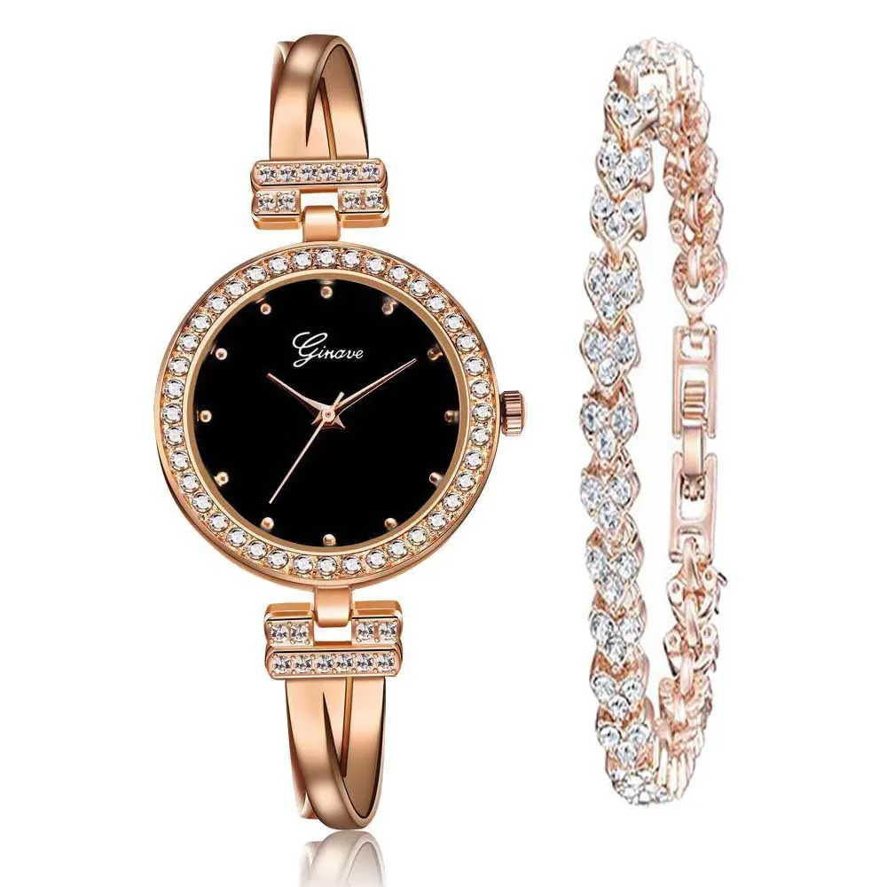 Women Quartz Watch With Alloy Rhinestone Semi-Bracelet Minimalist Black Dial Wristwatch And Bracelet For Daily Casual Jewelry