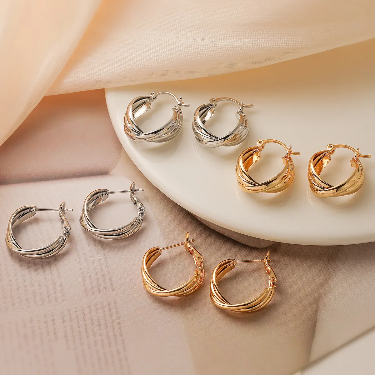 Geometric Twisted Hoop Earrings Retro Copper Multi Layer Real Gold Plated Simple Cross Design Fashion Jewelry For Women