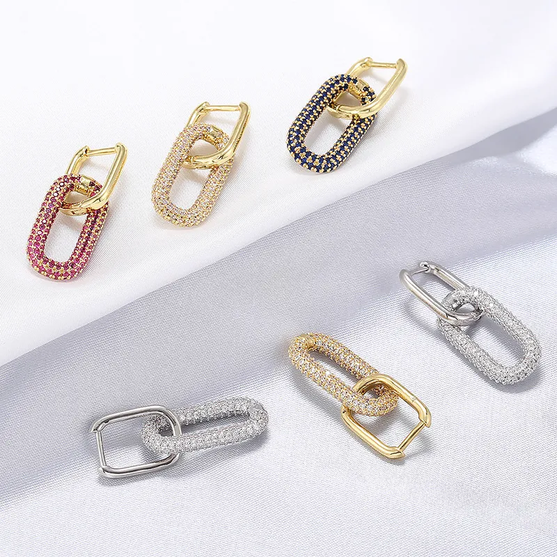 Orecchini Pendenti Geometrici In Ottone Placcato Oro Con Zircone Pavè Doppio Rettangolo Per Donna