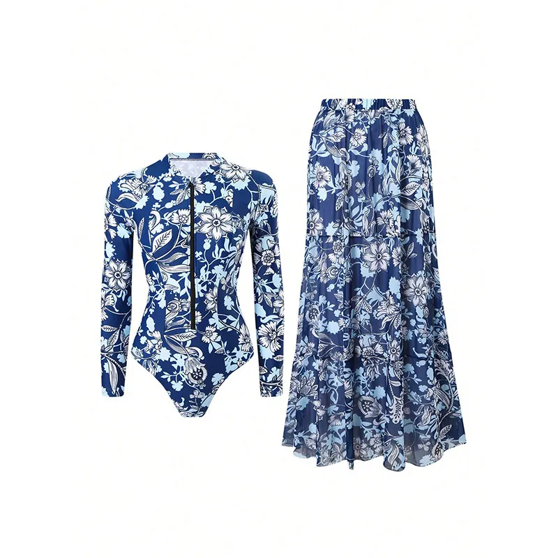 Women Long Sleeve Zipper Rash Guard Bodysuit With Matching Floral Maxi Skirt Beach Vacation Tropical Print Swimwear