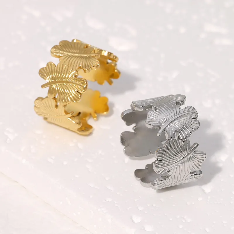 Anillo Ajustable De Acero Inoxidable Con Diseño De Hoja Banda Ancha Joyería De Moda Para Mujer Estilo Elegante Natural