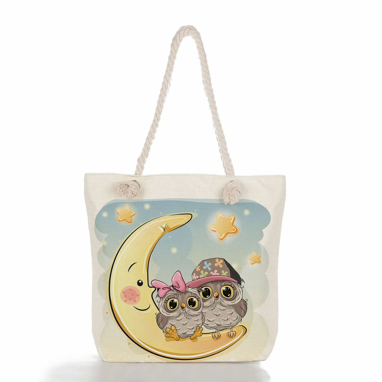 Cute Owl Print Canvas Linen Tote Bag With Rope Handle Large Capacity Casual Handbag Shopping Bag