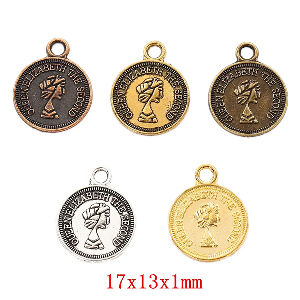 Vintage Round Coin Pendant Charms Zinc Alloy Queen Elizabeth II Relief Embossed For DIY Jewelry Making Necklaces Bracelets