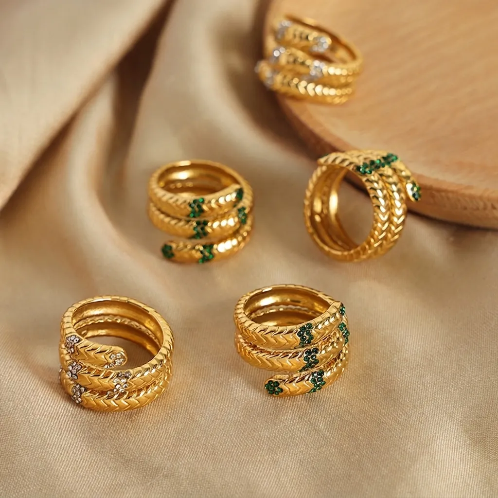 Vintage Titanstahl Schlange Wickelring Damen 18K Vergoldet Schuppen Textur Verstellbarer Offener Strass Statement Ring